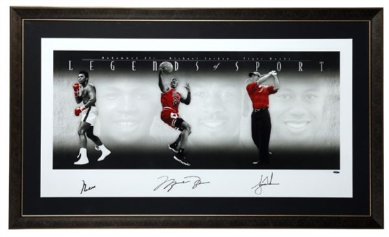 Muhammad Ali, Michael Jordan and Tigers Woods Multi-Signed 34x57-inch Legends of Sport Framed Display (UDA #3/10)